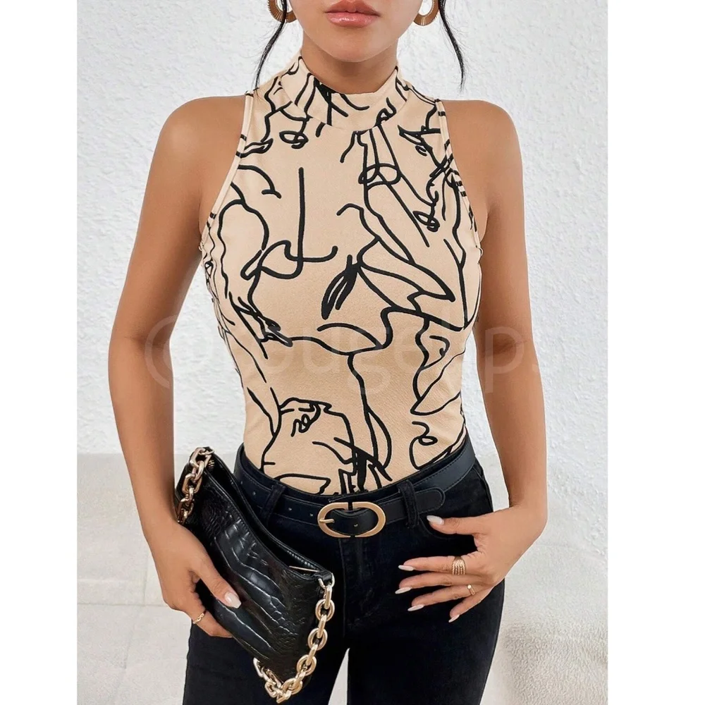 Abstract Face Print Beige Tan Sleeveless Top Slim Fit High Neck - Picture 6 of 7